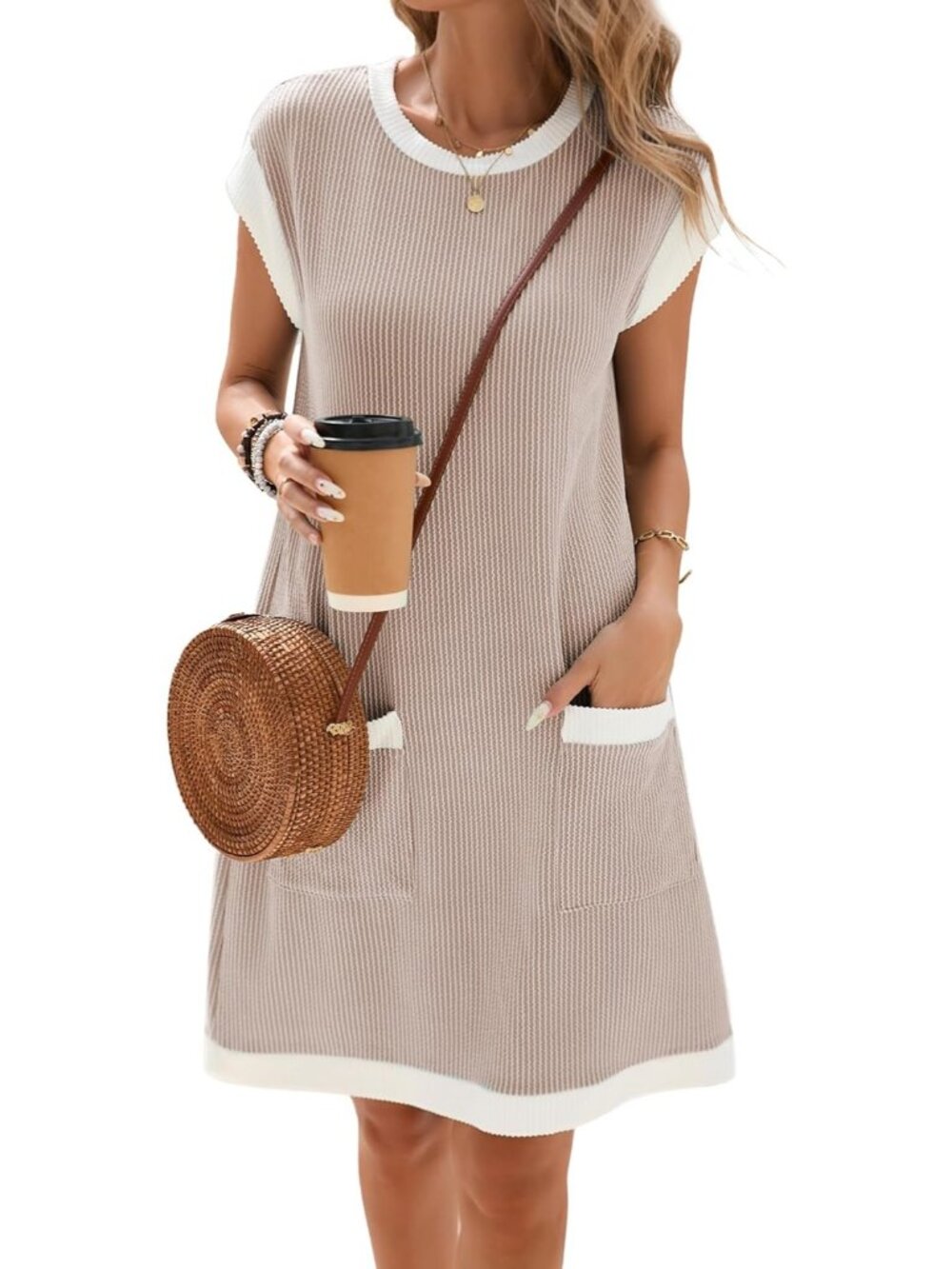 Women's Khaki Casual Ribbed Textured Cap Sleeve T-Shirt Dress Crewneck Sundress